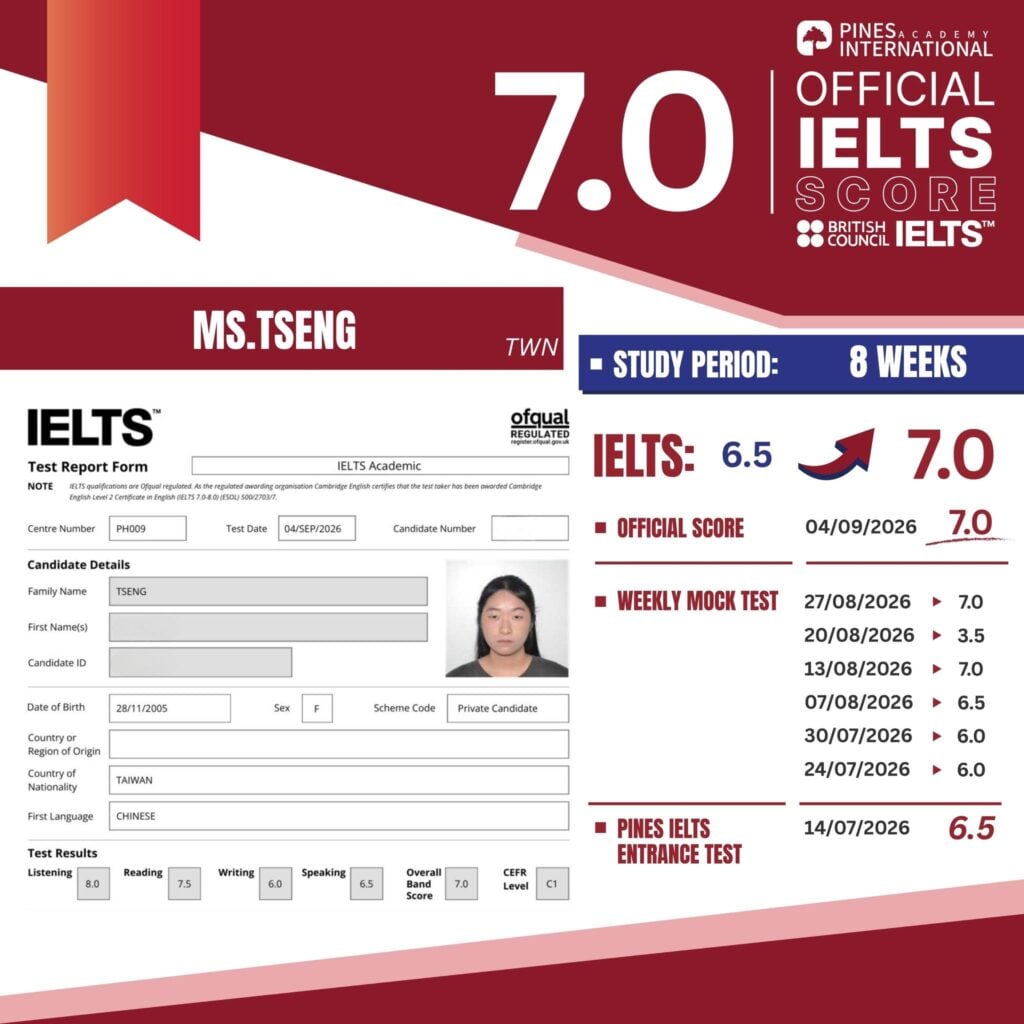 Kết quả IELTS tại Philippines: bảng điểm 6.5 lên 7.0 sau 8 tuần luyện IELTS chuyên sâu tại Pines